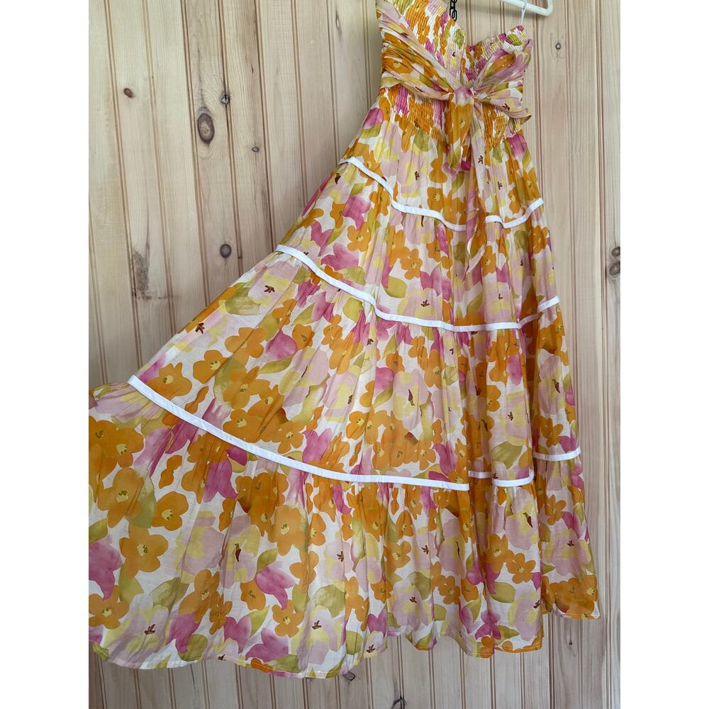 NWT Lulus Sunlight Aura Orange Floral Strapless Tiered Midi Dress Resort Size L - Picture 5 of 7